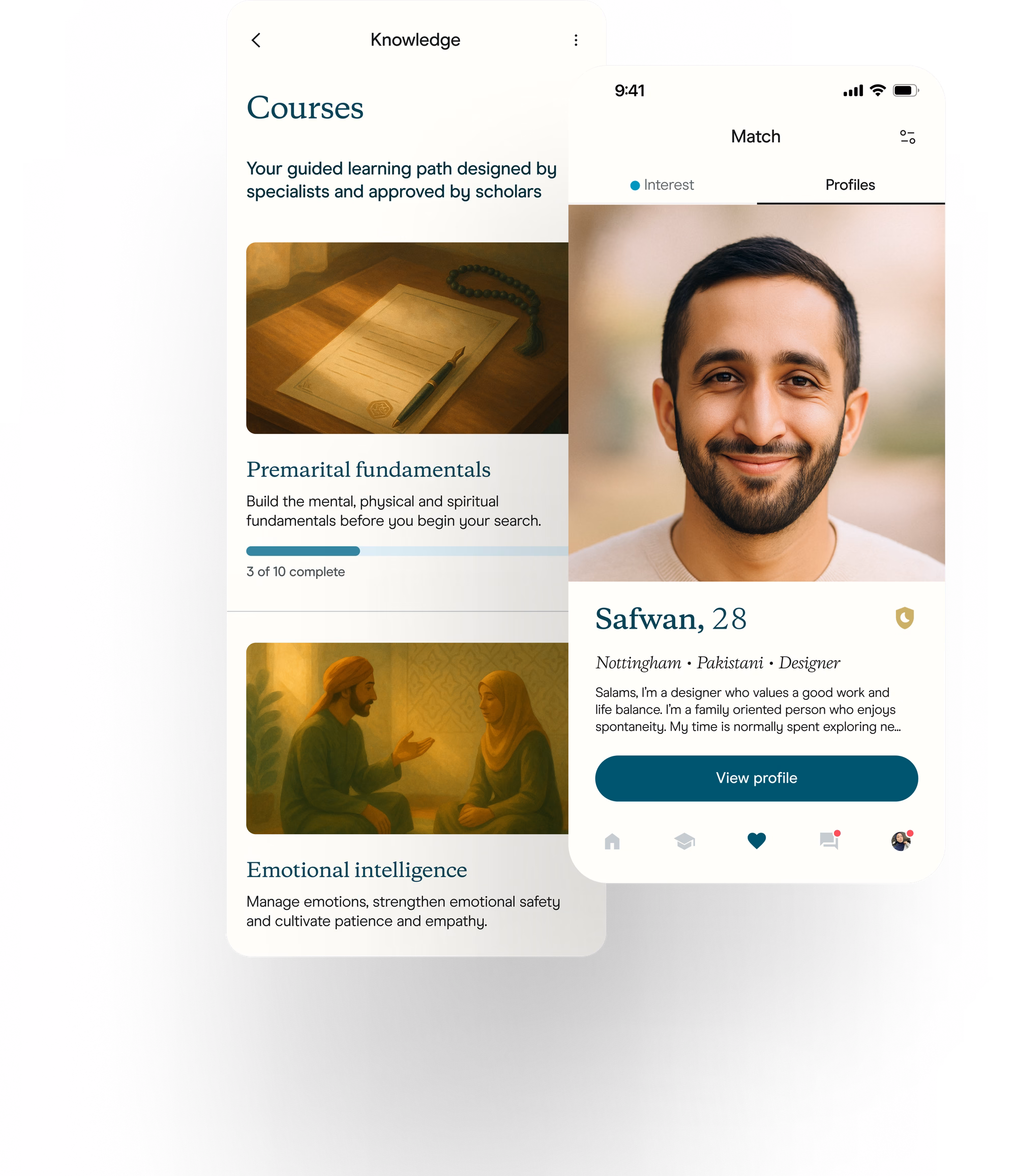 Suhba app screens: the knowledge courses and a match profile